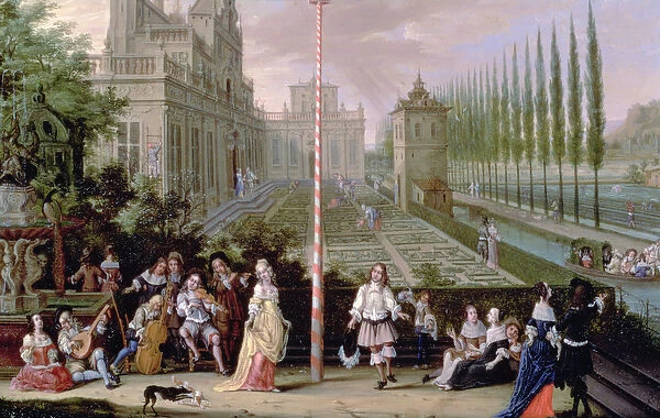 Detail of elegant figures playing musical instruments around a maypole (oil on copper)