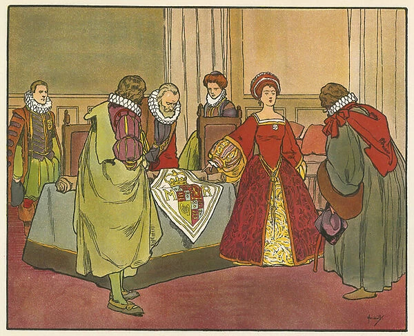 Elizabeth I protests against the Scottish use of the royal arms (colour litho)