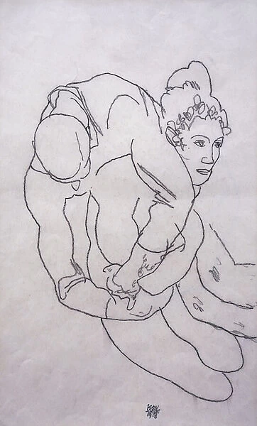 Being Embraced; Umarmende, 1918 (black crayon on paper)