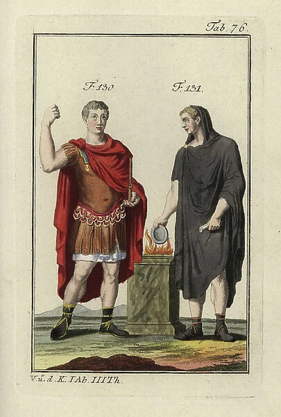 Emperor Augustus in the Paludamentum (war cloak) and a Roman performing a sacrifice. Handcolored copperplate engraving from Robert von Spalart's ' Historical Picture of the Costumes of the Principal People of Antiquity and of the Middle Ages'