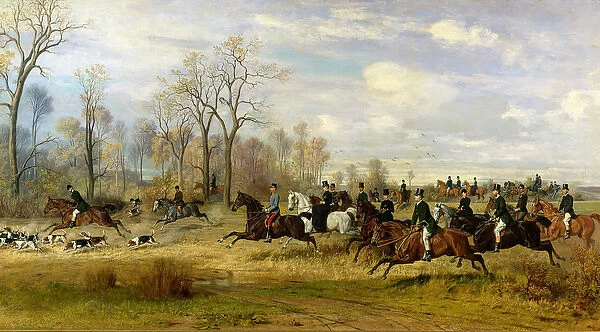 Emperor Franz Joseph I of Austria hunting to hounds with the Countess Larisch in Silesia