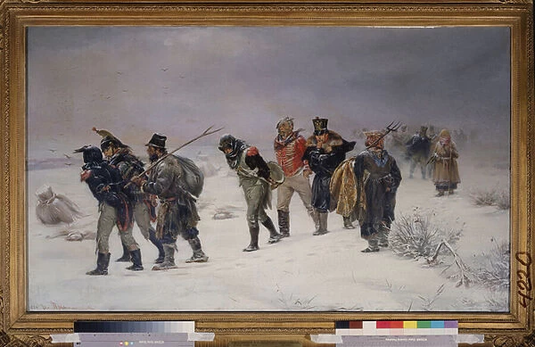 En 1812. (Les prisonniers captures de la Grande Armee de Napoleon marchent dans la neige, a bout de force, escortes par des paysans russes). Peinture de Illarion Mikhailovich Pryanishnikov (1840-1894), huile sur toile, 1874. Art russe 19e siecle