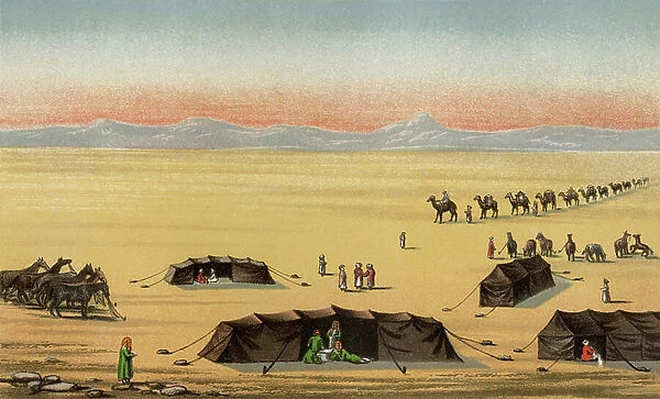 The encampment of the explorer, writer, British linguist Sir Richard Francis Burton (1821-1890) during his pilgrimage to Mecca around 1850. Lithograph of the 19th century