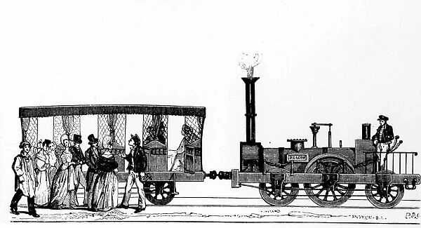 Engine and wagon a train on line Paris - Saint-Germain-en-Laye (opened in 1837), France, engraving c. 1840