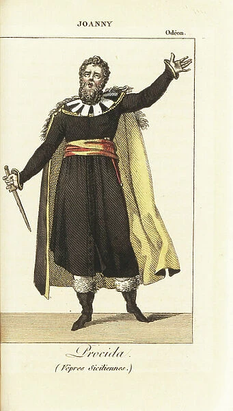 English actor Joanny or Jean-Bernard Brisebarre (1775-1849) as Procida in the tragedy Vpres Siciliennes by Casimir Delavigne at the Odeon, 1819. Handcoloured copperplate engraving from Charles Malo's Almanach des Spectacles by K. Y