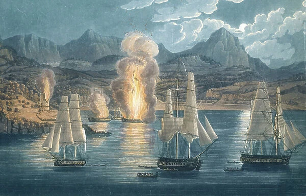The English destroying French ships in the Bay of Sagone, Corsica on 30 April 1811 (coloured aquatint)