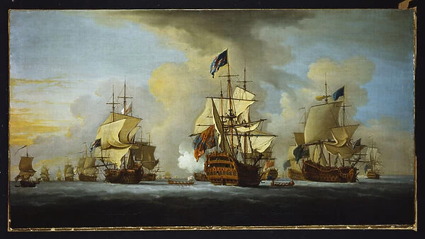 The English Fleet at Anchor with the Admirals Ship signalling to the Vice