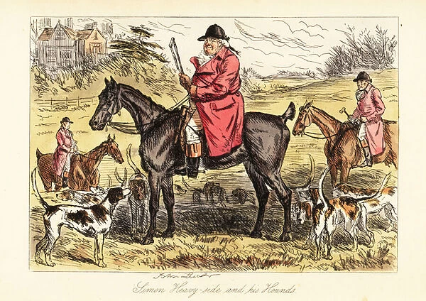 English huntsman in hunting pinks sitting on a horse with a pack of fox hounds, 19th century