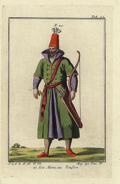 English man with bow and quiver of arrows. Handcolored copperplate engraving from Robert von Spalart's ' Historical Picture of the Costumes of the Peoples of Antiquity, the Middle Ages and the New Era, ' written by Leopold Ziegelhauser, Vienna