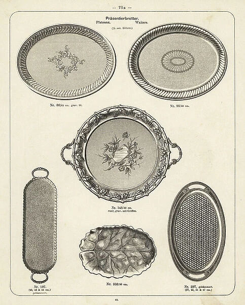 Engraved metal platters and waiters. Lithograph from a catalog of metal products manufactured by Wuerttemberg Metalware Factory, Geislingen, Germany, 1896.- Catalogue of metal products manufactured by Wuerttemberg Metalware Factory, Geislingen