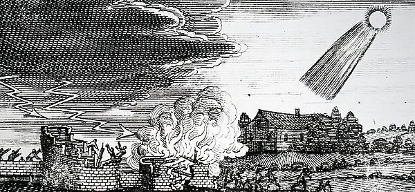 Engraving depicting a bolide meteor falling to earth during the day. Dated 17th Century