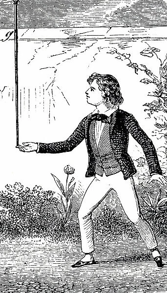 Engraving depicting a boy demonstrating the equilibrium of the body with one point of support at (G) directly above the point of support, 19th century
