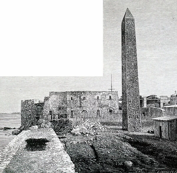 Engraving depicting Cleopatra's Needle as it stood in Alexandria. One of a pair from Heliopolis which were given to England and America. One is now of the Thames Embankment and the other in Central Park, New York. Dated 19th Century ©UIG / Leemage