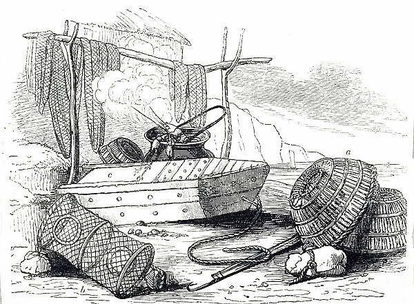 An engraving depicting a crab-pot, lobster pot and well-box, 19th century