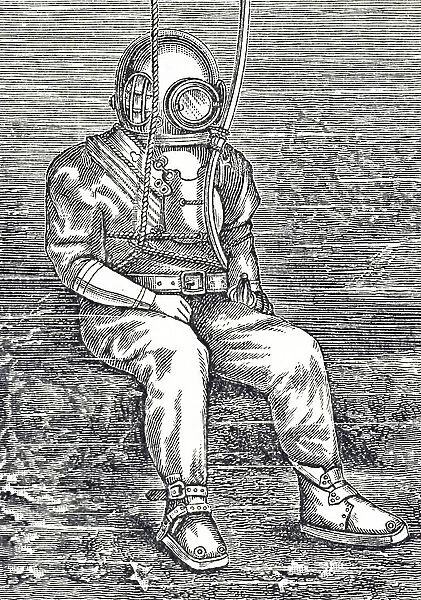 Engraving depicting a diving suit made of strong tanned twill with rubberised collar and cuffs, and a tinned copper helmet, 19th century