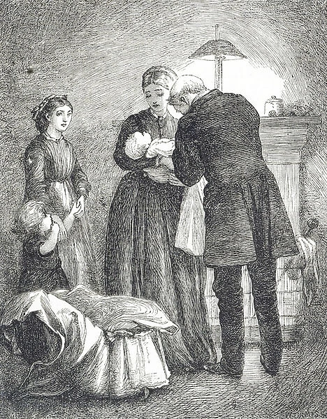 Engraving depicting a doctor examining a baby with measles