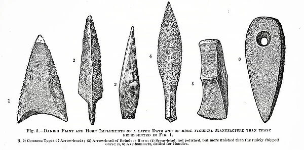 Engraving depicting Early Stone Age flint and horn implements recovered from shell spoil mounds around the shores of Denmark. Dated 19th Century ©UIG / Leemage