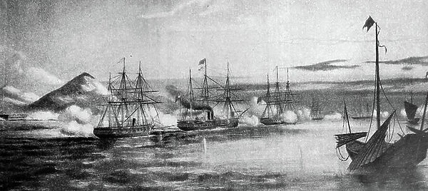 Engraving depicting the engagement of British Warships with Taiping Rebels at Nanking