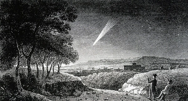 Engraving depicting the Great Comet of 1811 as seen at daybreak from Otterbourne Hill near Winchester. Dated 19th Century ©UIG / Leemage
