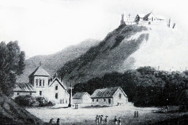 Engraving depicting, the old church of St. Lazarus at Macao