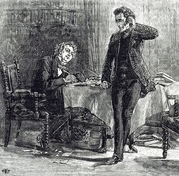 An engraving depicting a solicitor taking down a client's statement, 19th century
