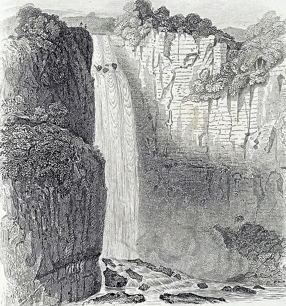 Engraving depicting Tequendama Falls, a waterfall of the Bogota River, 19th century