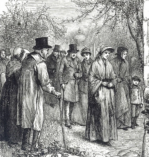 Engraving depicting villagers going to church for the Easter service, 19th century