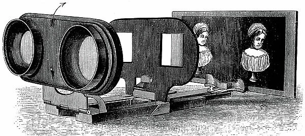 Engraving depicting a Wheatstone stereoscope. Sir Charles Wheatstone (1802-1875) an English scientist and inventor of the Victorian Era. Dated 19th Century ©UIG / Leemage