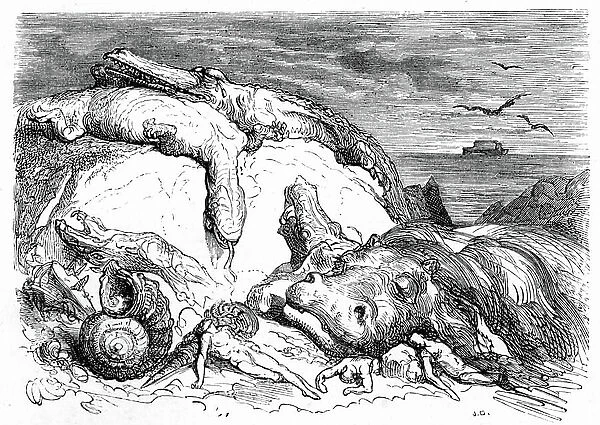 Engraving by Gustave Dore around 1850: evocation of an apocalyptic deluge combining biblical tradition (one can see in the distance the ark of Noe on the sea)