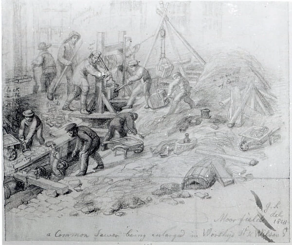 Enlarging the sewers at Moorfields, London, 1841 (pencil on paper)
