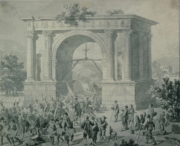 The entrance of French troops to A Osta in May 1800 (pen, ink & wash on paper)