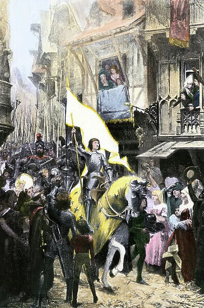 Entry of Joan of Arc (1412-1431) to Orleans on May 8, 1429 carrying the sacred baniere. Engraving after the painting of Jean Jacques Scherrer