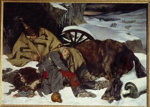 Episode of the Russian retreat. Napoleonic War (1812). Painting by Joseph Ferdinand