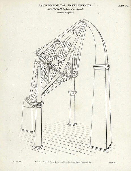 Equatorial instrument (telescope) at Armagh made by Edward Troughton. Copperplate engraving by Wilson Lowry after a drawing by J. Farey from Abraham Rees Cyclopedia or Universal Dictionary of Arts, Sciences and Literature, Longman, Hurst, Rees