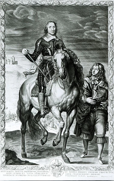 Equestrian Portrait of Oliver Cromwell (1599-1658) (engraving) (b  /  w photo)