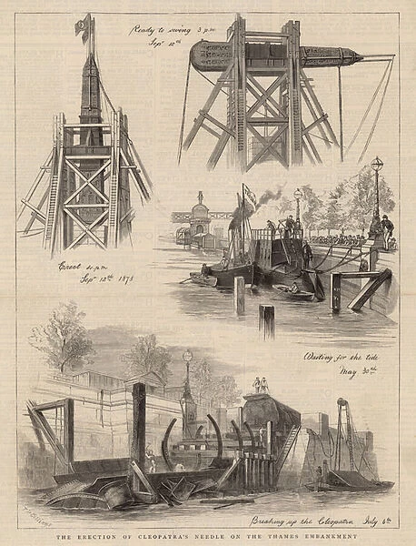 The erection of Cleopatras Needle on the Thames Embankment (engraving)