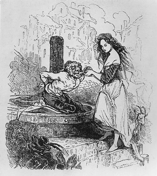 Esmeralda giving Quasimodo a drink, illustration from The Hunchback of Notre