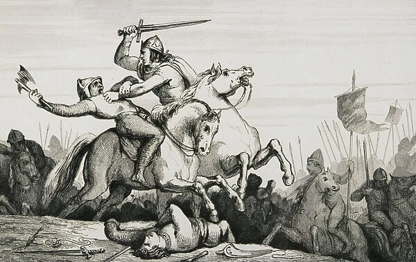 Eudes (860-98) in battle against the Normans, from Histoire de France by Colart, published c. 1840 (engraving)