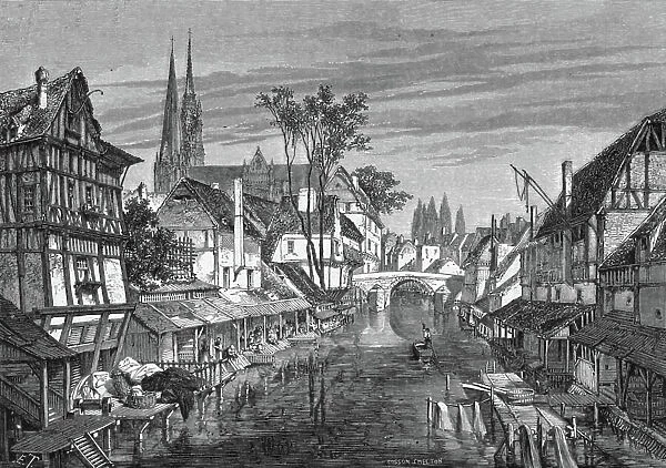 Eure river in Chartres (France), engraving after a drawing by Therond, 19th century