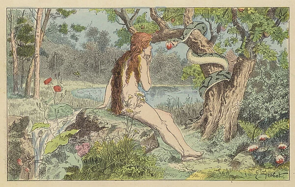 Eve tempted by the Serpent (colour litho)
