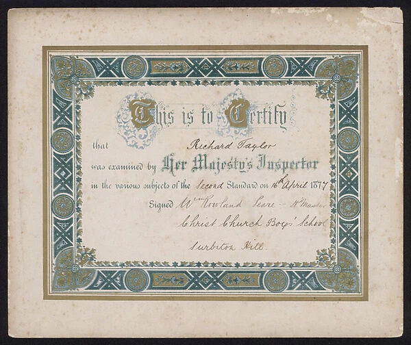Examination certificate awarded to a pupil of Christ Church Boys School, Surbiton Hill, Surrey, 1877 (colour litho)