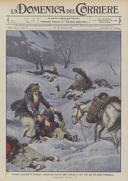 Exceptional snowfall in Sardinia, traders overwhelmed by the snowstorm in the gorges of Mount Gennargentu (colour litho)