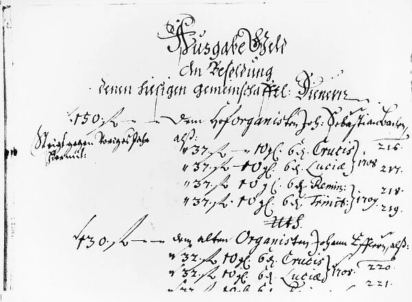 Excerpt from J. S. Bachs salary payment for 1708-09 (pen on paper) (b  /  w photo)
