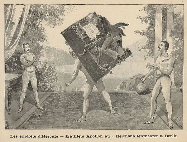 The exploits of Hercules - the athletic Apollon at Reichshallen Theatre, Berlin (engraving)