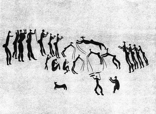 Facsimile of a neolithic wall painting (b  /  w photo)