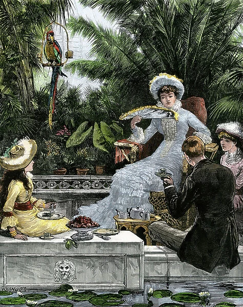 A family of British high society taking the tea in a tropical greenhouse, England, circa 1880. Engraving in colour, from 19th century illustration
