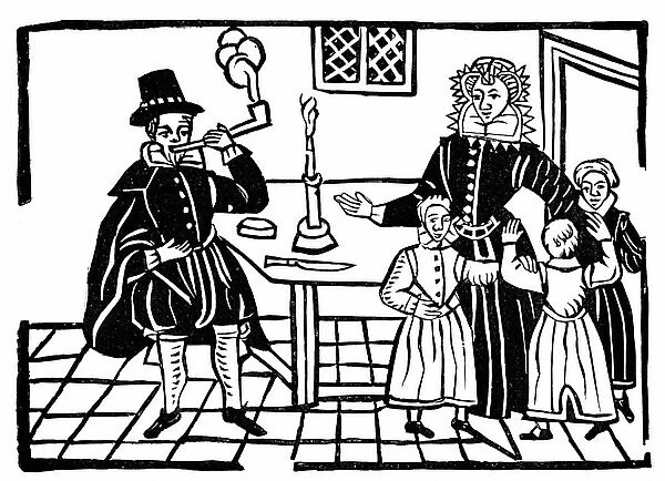 Family group: father with pipe producing much smoke while his wife and children seem to be raising objections. Early 17th century (woodcut from the Roxburghe Ballads)