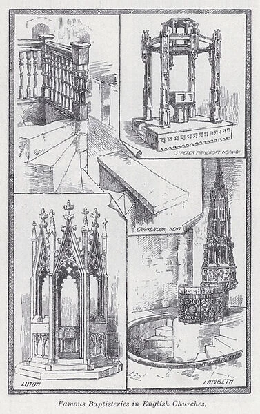 Famous baptisteries in English churches (litho)