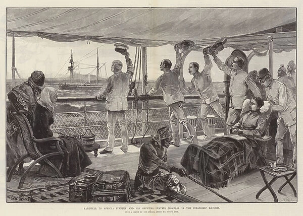 Farewell to Africa, Stanley and his Officers leaving Mombasa in the Steam-Ship Katoria (engraving)