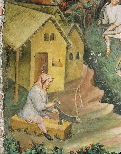 The farmer prepares the scythe for haymaking (fresco)